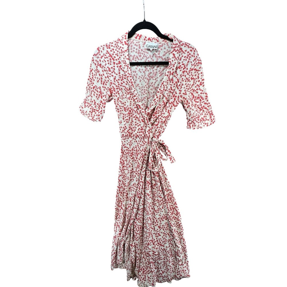 GANNI Size 34 US 2 Red White Floral Viscose Wrap Midi Dress Tie Waist